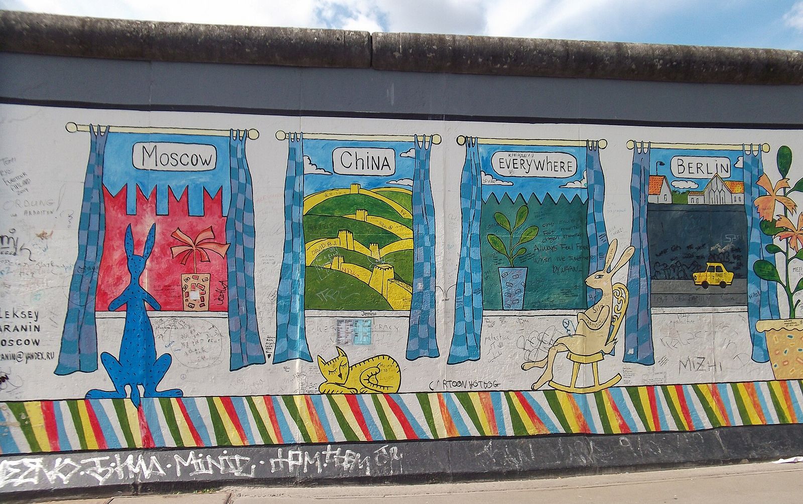 Das Wandbild „Mauern international“ von Alexej Taranin in der East Side Gallery: gemalte Fenster mit den Aufschriften Moscow, China, Everywhere und Berlin